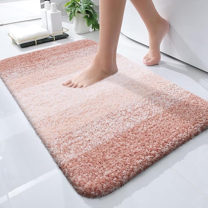 OLANLY Bathroom Rugs Mat 24x16, Extra Soft Absorbent Microfiber Bath Rugs, Rubber Backing, Quick Dry, Machine Washable Bath Mats for Bathroom Floor, Tub and Shower, Home Decor Accessories, Peach