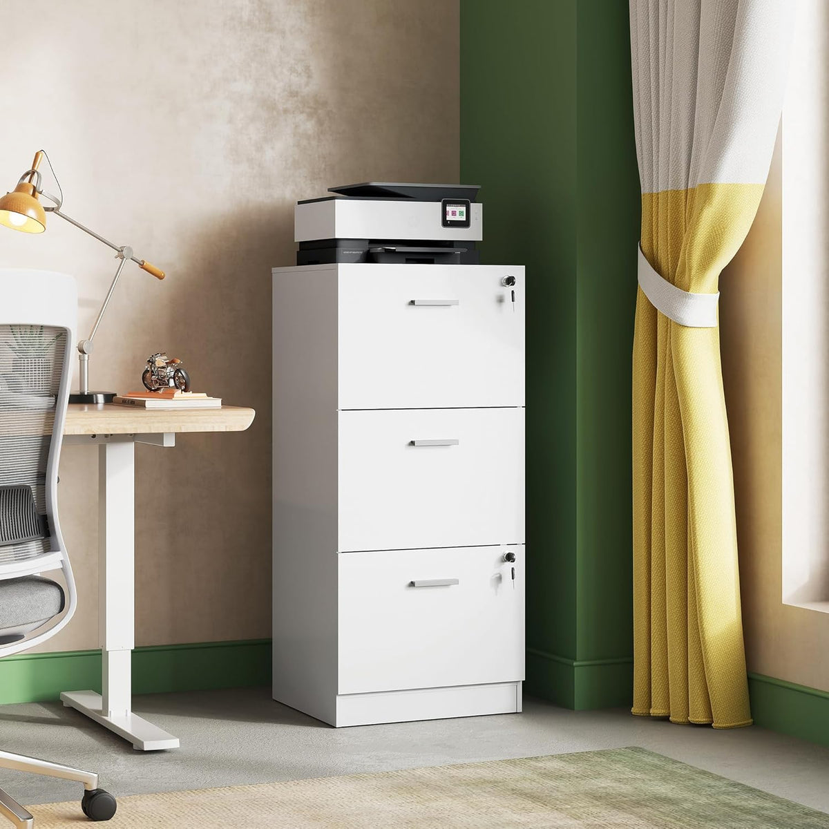 DEVAISE 3 Drawer File Cabinet with Lock, Vertical Wood Filing Cabinet for Home Office, Printer Stand for Letter and A4 Size, White