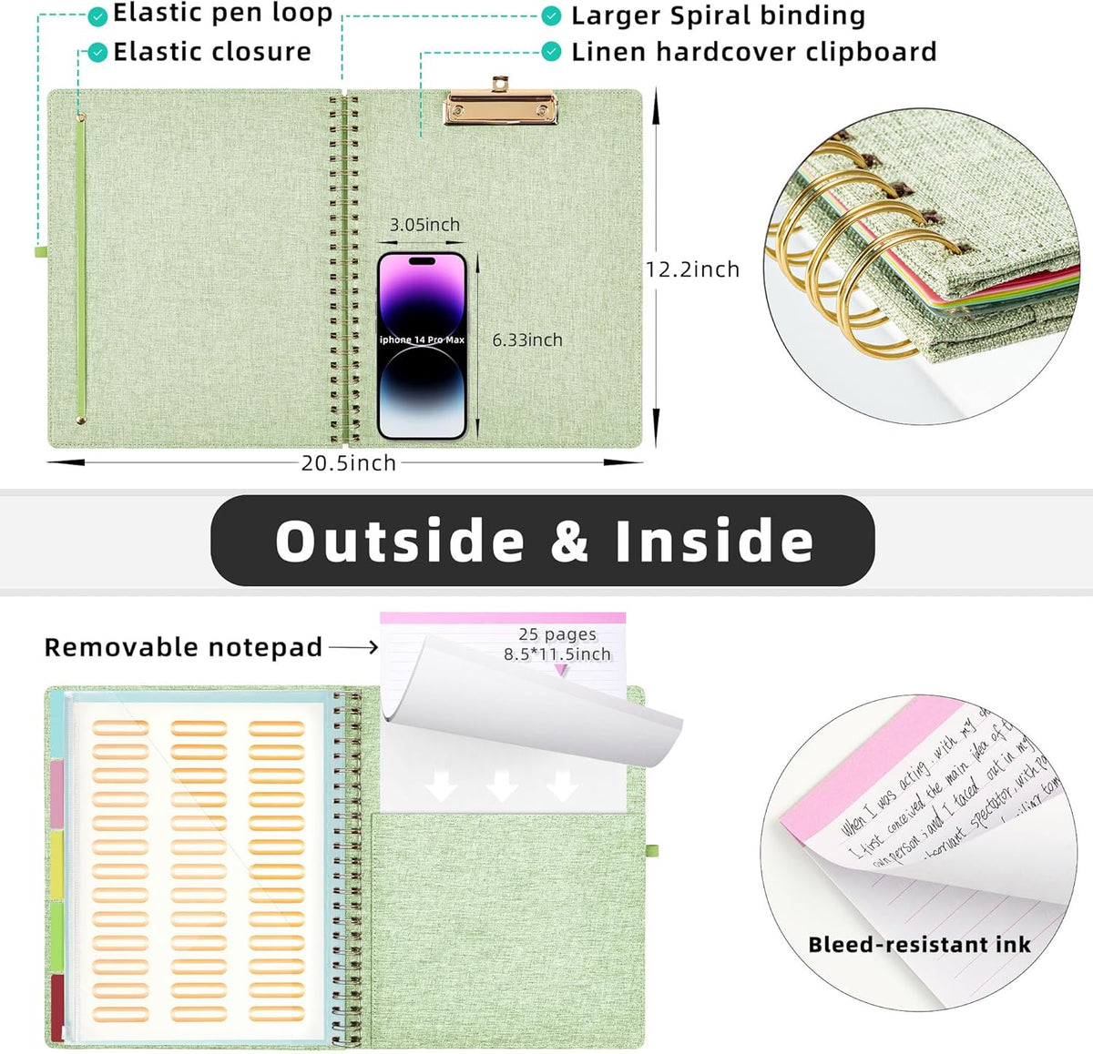 Ospelelf Green Foldable Spiral Clipboard Folio with Storage Zipper Pouch, 5 Plastic Folders with 10 Pockets, Refillable Lined Notepad (11" x 8.5"), Linen Hardcover Project Organizer