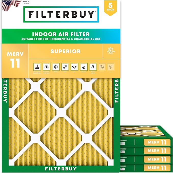 Filterbuy 16x20x1 Air Filter MERV 11 Superior Pet & Allergy Defense (5-Pack), Electrostatic Pleated HVAC AC Furnace Filters Replacement, Made in USA (Actual Size: 15.50 x 19.50 x 0.75)