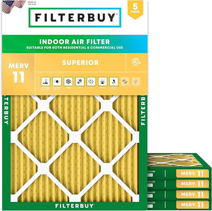 Filterbuy 16x20x1 Air Filter MERV 11 Superior Pet & Allergy Defense (5-Pack), Electrostatic Pleated HVAC AC Furnace Filters Replacement, Made in USA (Actual Size: 15.50 x 19.50 x 0.75)