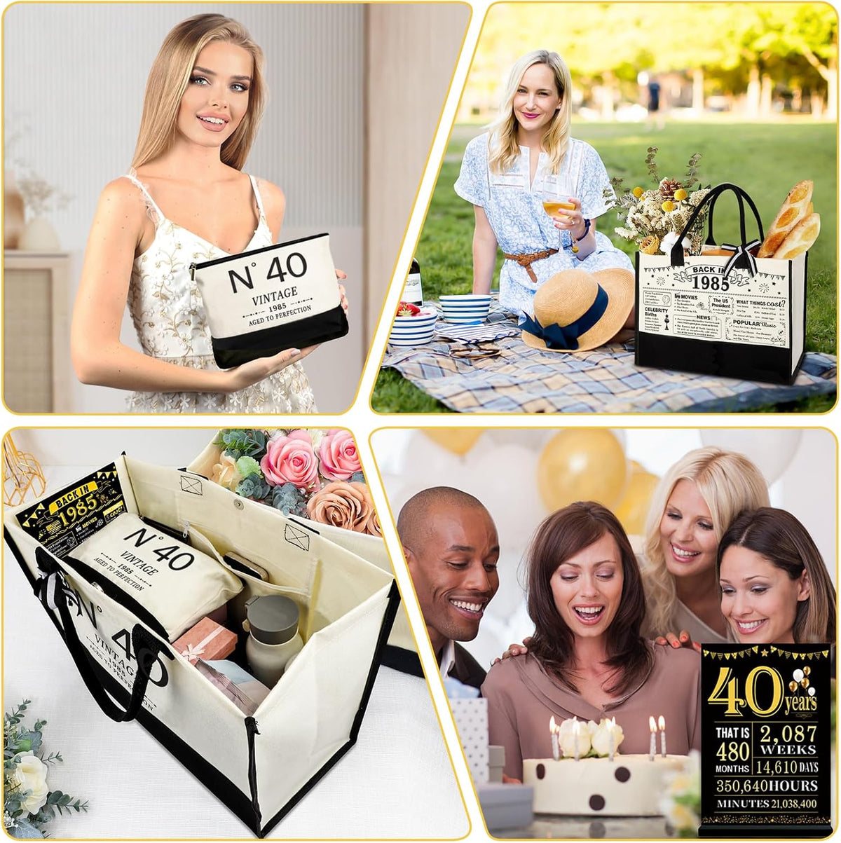 40th Birthday Gifts for Women Canvas Tote Bag Travel Gear, Unique 40 Years Old Birthday Gifts for Her Mom Wife Aunt Friends, Vintage N40 Handbag & Cosmetic Bag & Back in 1985 Poster