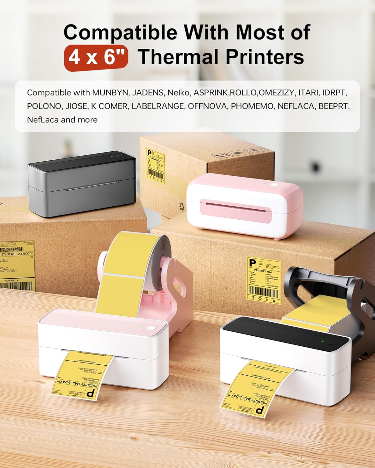 Phomemo 4x6 Thermal Label Printer Paper - 500 PCS Yellow 4"x6" Fan-Fold Shipping Supplies Labels - Water/Oilproof Label Stickers - Permanent Adhesive Thermal 4x6 Labels for Small Business