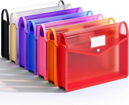 7 Pack Plastic Expanding File Folder, Transparent envelopes with Snap Closure, No Dividers, Large Capacity, Fit Legal/B4 Size for School, Office, Home, Hospital, 7 Colors