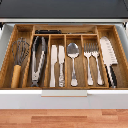 Expandable Acacia Kitchen Drawer Organizer for Cutlery and Utensils, Adjustable Acacia Wood Cutlery Tray in Drawer for Flatware and Silverware in Kitchen