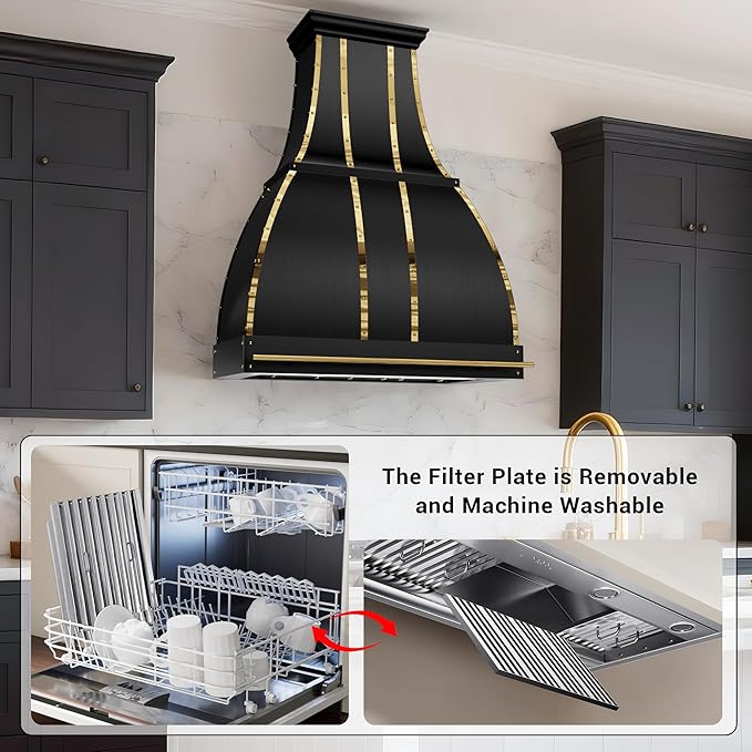 CHETTO C Stainless Steel Range Hood Cover with 4-Speed Vent Hood Insert Custom Handmade Metal Kitchen Fan with Towel Rack LED Light 48"W x24"D x21"H Black Wall Mount