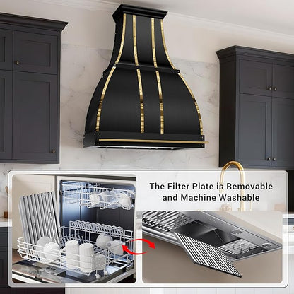 CHETTO C Stainless Steel Range Hood Cover with 4-Speed Vent Hood Insert Custom Handmade Metal Kitchen Fan with Towel Rack LED Light 36"W x24"D x45"H Black Wall Mount