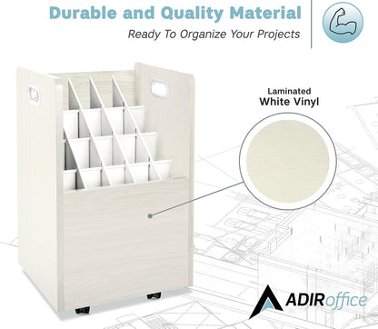 Adir Blue Print Storage Organizer - Mobile Roll File Cart, Construction Plan Holders, Blueprint Cabinet with Wheels, Roll Files Storage for Office and Home (20 Slots, White)