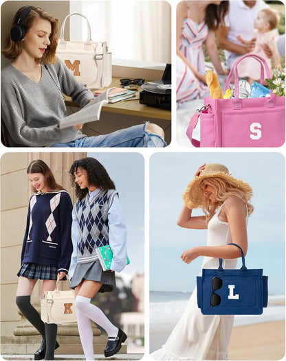 Gifts for Women Teen Girls, Initial Tote Bag with Zipper, Letter Canvas Tote Purse for College Work Laptop Beach