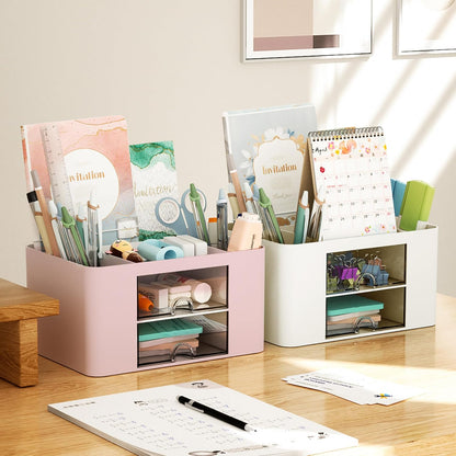 Marbrasse Pen Organizer with 2 Drawer, Multi-Functional Pencil Holder for Desk, Desk Organizers and Accessories with 5 Compartments + Drawer for Office Art Supplies (Beige)