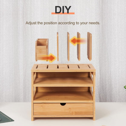 Homde Bamboo Desk Organizer with Drawer and File Holder, Office Organization for Desks with Adjustable Pen Holding, Desktop Letter Paper Tray Storage for Workplace Home School (Natural, L)