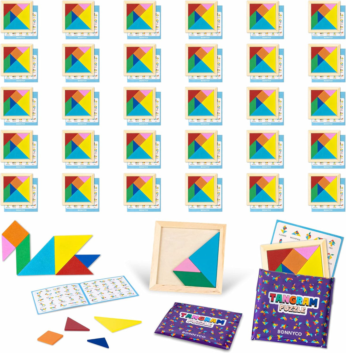 BONNYCO Wooden Tangram Puzzle Set of 30 for Kids Birthday Party Favors