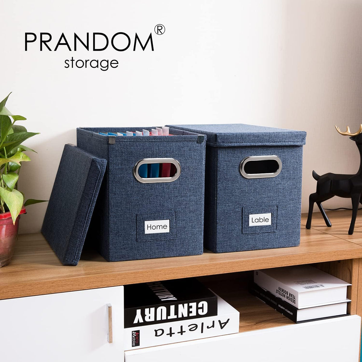 PRANDOM File Organizer Box - Set of 2 Collapsible Decorative Linen Filing Storage Hanging File Folders with Lids Office Cabinet Letter Size Navy Blue (14x9.3x10.8 inch)