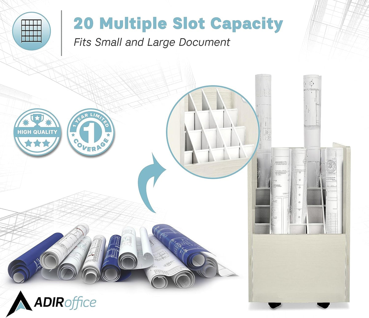 Adir Blue Print Storage Organizer - Mobile Roll File Cart, Construction Plan Holders, Blueprint Cabinet with Wheels, Roll Files Storage for Office and Home (20 Slots, White)