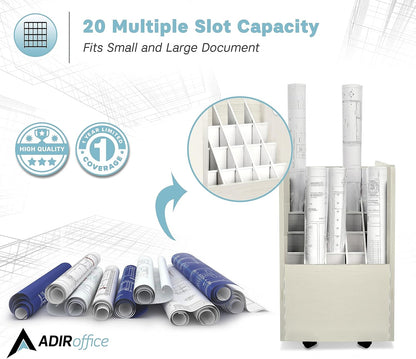 Adir Blue Print Storage Organizer - Mobile Roll File Cart, Construction Plan Holders, Blueprint Cabinet with Wheels, Roll Files Storage for Office and Home (20 Slots, White)