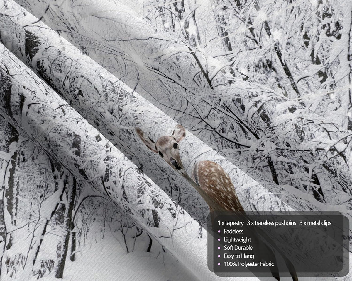 QGHOT Winter Tapestry Wall Hanging Snow Scene Backdrop Winter Wonderland Wall Decor Snowy Forest Wall Art Nature Woodland Deer Tapestry for Bedroom Room Dorm Party Decoration, Large