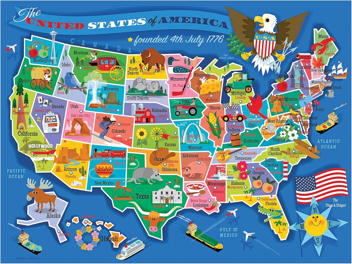 RoseArt Educational Map of USA Jigsaw Puzzle for Kids, 100 Large Durable Pieces, Fun State Illustrations, Made in USA, Learning Toy for Ages 6+, Finished Size 24 x 18 Inches.