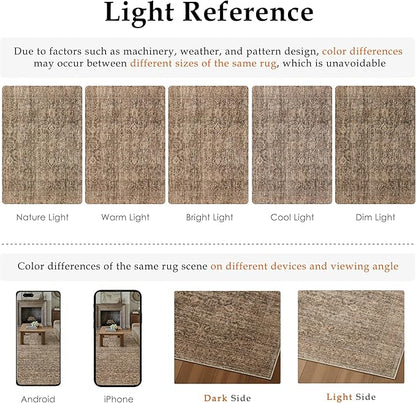 PureCozy Area Rug 9x12 Brown Machine Washable Non-Slip Vintage Low Plie Thin Living Room Bedroom Dining Room Distressed Carpet Indoor Large Home Office Retro Rug