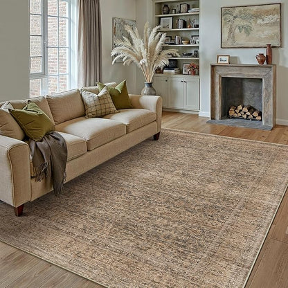 PureCozy Area Rug 9x12 Brown Machine Washable Non-Slip Vintage Low Plie Thin Living Room Bedroom Dining Room Distressed Carpet Indoor Large Home Office Retro Rug