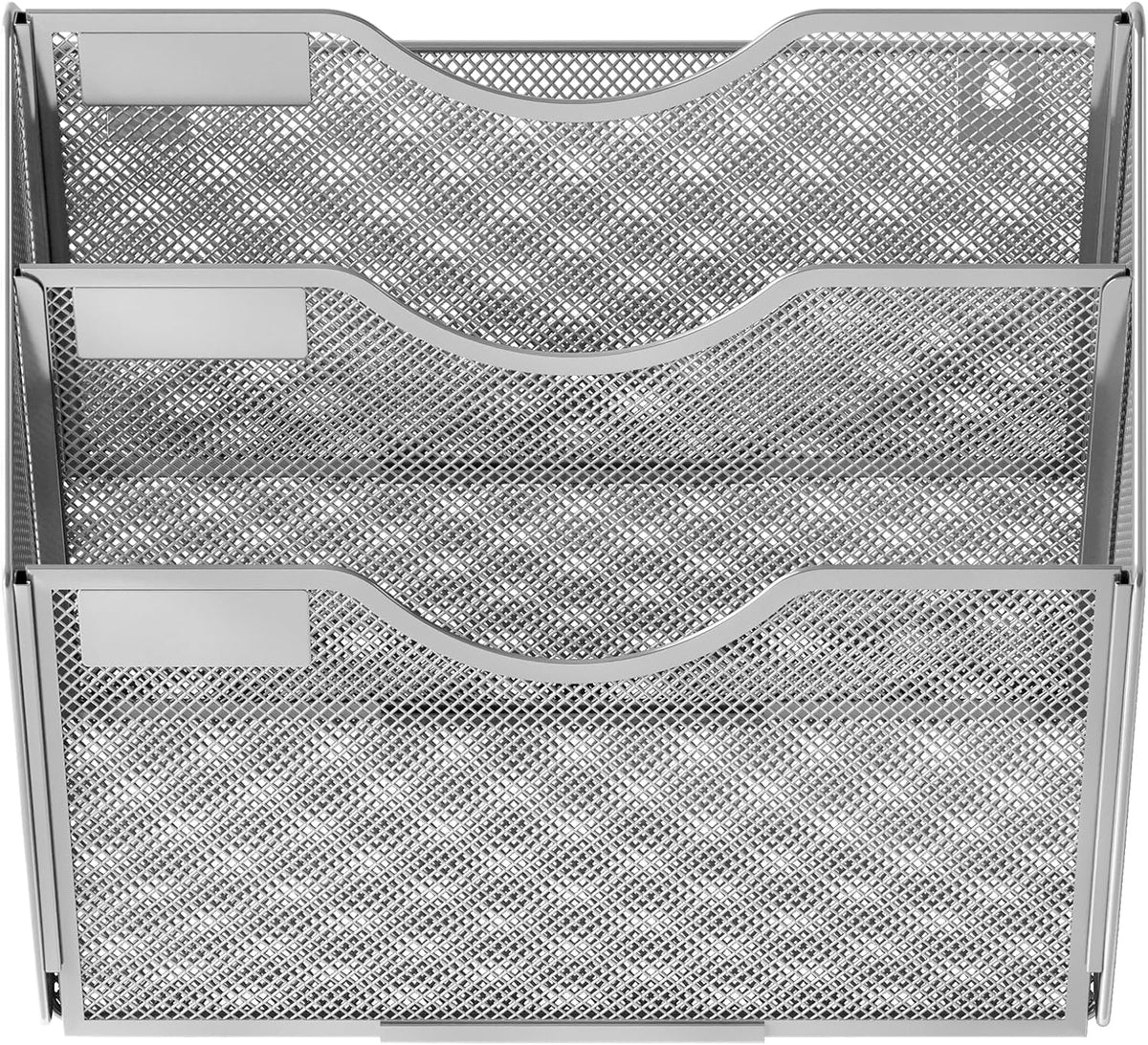 EasyPAG Wall File Holder Organizer 3 Pocket Mesh Hanging Wall Mounted Document Paper Folder Filing Magazine Rack with Nametag Label for Office Home School, Sliver