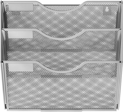 EasyPAG Wall File Holder Organizer 3 Pocket Mesh Hanging Wall Mounted Document Paper Folder Filing Magazine Rack with Nametag Label for Office Home School, Sliver
