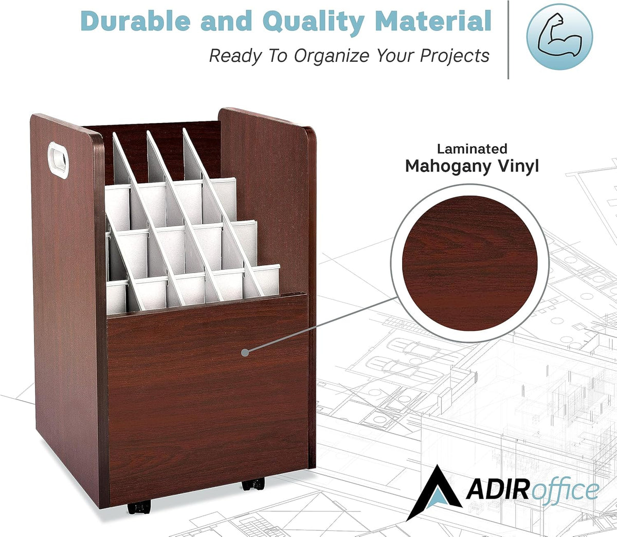 Adir Blue Print Storage Organizer - Mobile Roll File Cart, Construction Plan Holders, Blueprint Cabinet with Wheels, Roll Files Storage for Office and Home (20 Slots, Mahogany)