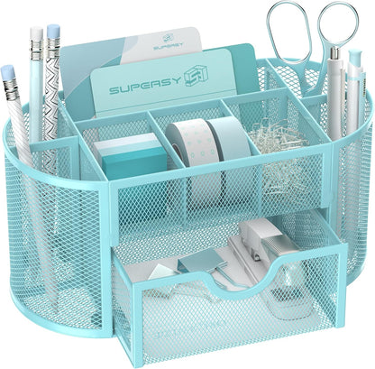 SUPEASY Mesh Desk Organizer, Desk Accessories & Workspace Organizers with Drawers, Pencil Holder for Desk with 9 Compartments for Office Suppliess, 8.6 x 4.3 x 4.1 Inch, Blue
