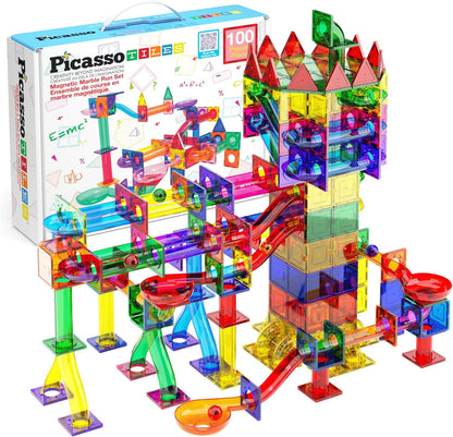 PicassoTiles 50pcs Magnetic Tiles Marble Run for Kids Race Track Toy Marble Maze Sensory Toys for Toddlers STEM Educational Set Magnet Building Blocks Construction Building Tiles Boys Girls 3+ PTG50