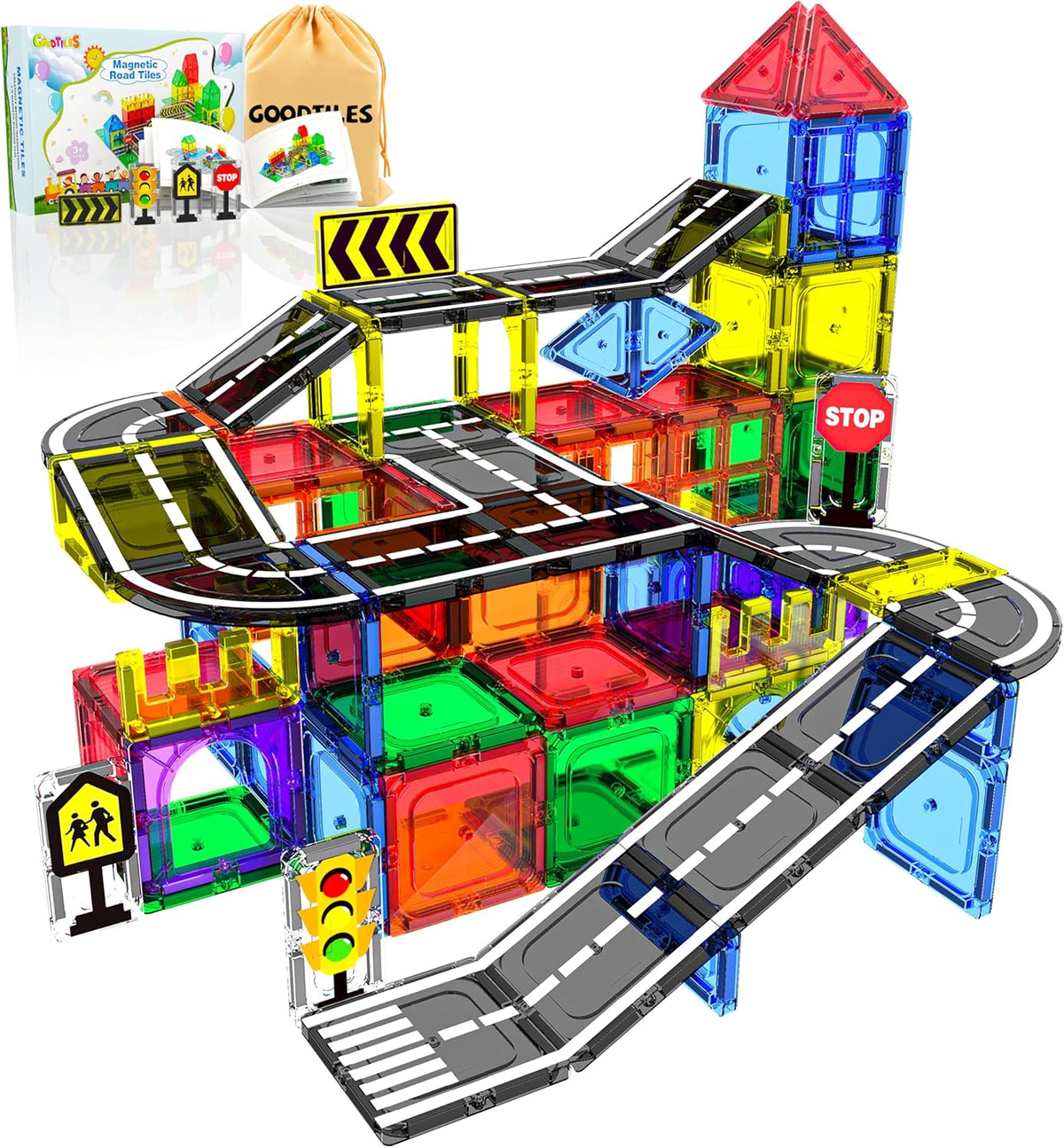 Magnetic City Traffic Tiles, 38pcs, Preschool Montessori Toys for 3+ Year Old Kids, Sensory Building Blocks for Toddler with Autism