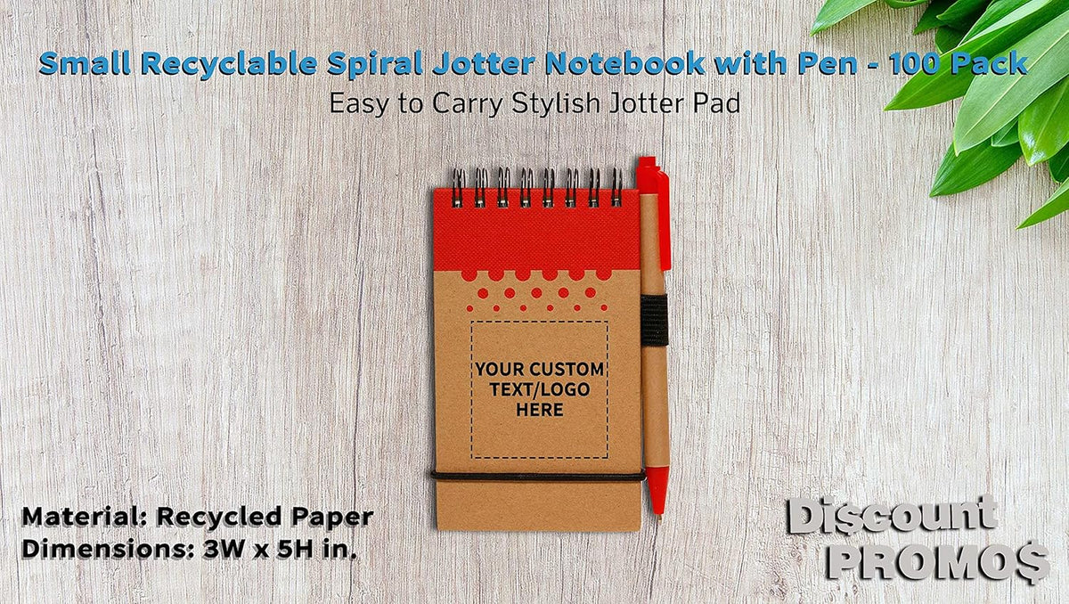 DISCOUNT PROMOS 100 Recyclable Spiral Small Notebooks Pack - Customizable Text, Logo - 60 Lined Pages - Red