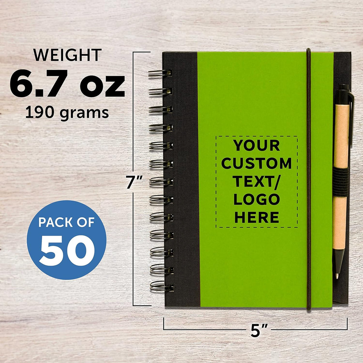 DISCOUNT PROMOS Custom Eco Block Notebooks with Pens Set of 50, Personalized Bulk Pack - Perfect for School, Office, Business, Home - Lime Green