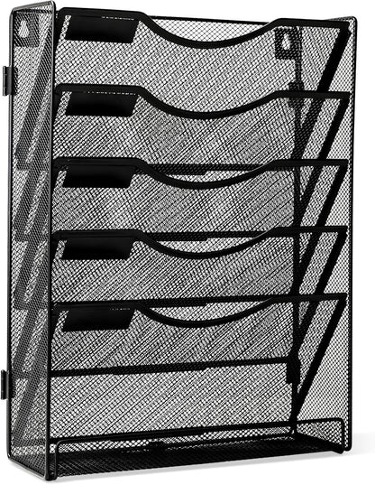 EasyPAG 5-Tier Wall File Holder, Mesh Hanging Folder Organizer with Classify Label, Versatile Desk File Organizer for Office Home, Vertical Wall Mounted Mail Paper Sorter, Easy Assembly, 2 Pack Black