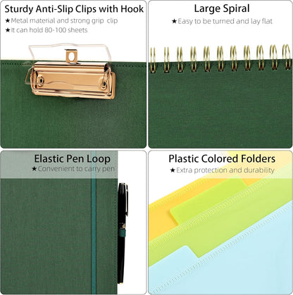 Ospelelf Foldable Spiral Clipboard Folio with Storage Zipper Pouch, 5 Plastic Folders with 10 Pockets,Refillable Lined Notepad (11" x 8.5"), Hardcover Project Organizer with 39 Stickers (Dark Green)