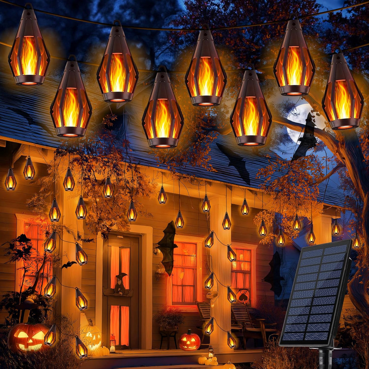 iBaycon Solar Halloween Lights, 42Ft 15 LED Bulbs Flickering Flame String Light, Outdoor Waterproof Solar Flame Lights for Garden Yard Patio Halloween Decorations (Warm White)