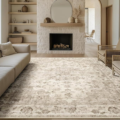 10x12 Neutral Area Rug Beige Vintage Living Room Bedroom Washable Carpet Non-Slip Soft Low Pile Farmhouse Indoor Large Throw Rug for Dining Room Office