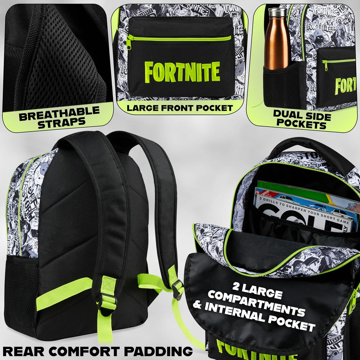 Fortnite Backpack for Kids Teens School Bookbag Travel Bag Rucksack for Vacation Sports Gifts for Kids (Black AOP)