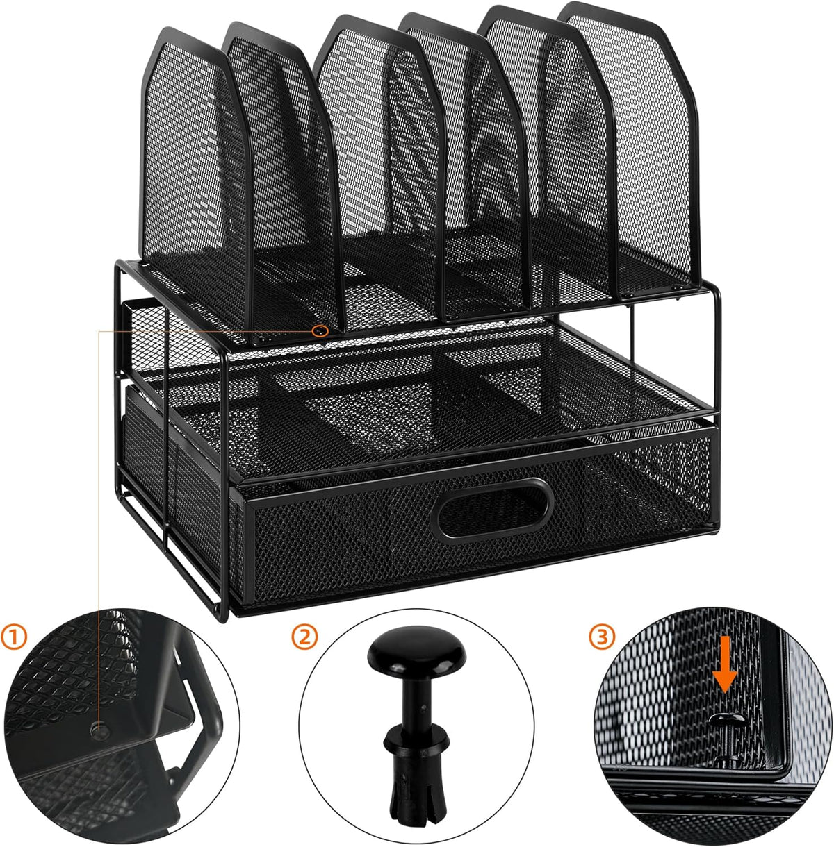 Amazon Basics Mesh Desk Organizer with Sliding Drawer, Double Tray and 5 Upright Sections, Black