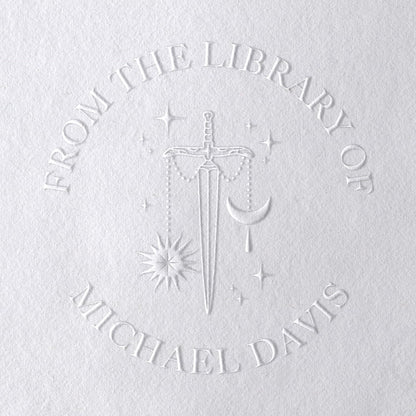 Personalized Book Embosser or Book Stamp, Custom Round Library Book Embossing Tool, Teacher School Book Stamp, Ex Libris Stamp, Gift for Book Lover, Wooden Stamp or Self Inking Stamp (Celestial Sword)