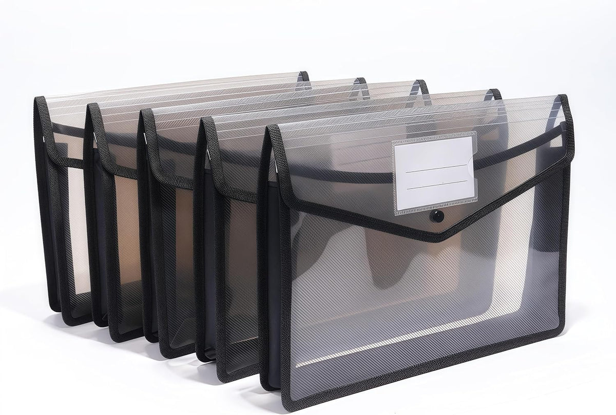 Go&Fan 5 Packs Expanding File Folder,no dividers, Plastic envelopes with snap Closure,Paper Organizer Folder with Lable Pocket (Black)