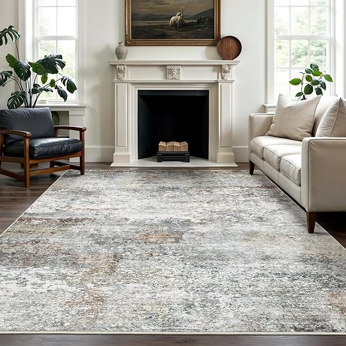 Art&Tuft 9x12 Area Rug - Abstract Large Area Rugs with Anti-Slip Backing, Stain Resistant Area Rugs 9x12 Living Room, Foldable Machine Washable Area Rug(9'x12', Grey/Rust)