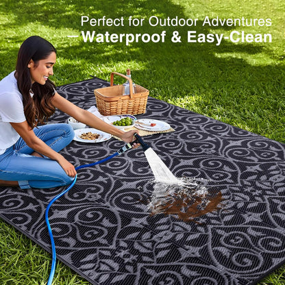 OLANLY Outdoor Rug Waterproof 9x12 ft Clearance, Reversible Outdoor Plastic Straw Rug with Floral Pattern, RV Mat for Patio, Camping, Balcony, Deck, Backyard, Black & Grey
