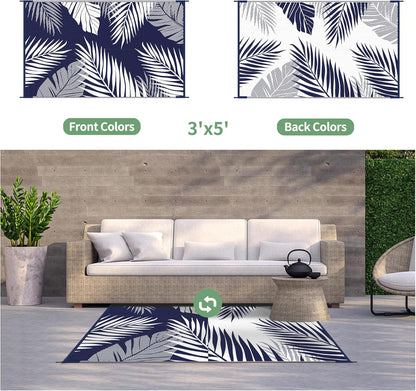 GENIMO Outdoor Rug 3' x 5' Waterproof for Patios Clearance, Reversible Outdoor Plastic Straw Camping Rug Carpet, Large Area Rugs Mats for RV, Camper, Deck, Balcony, Porch, Beach, Navy Blue&White